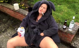 Wild Mom With Sexy Legs Smokes And Drinks In A Public Park