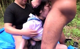 Delightful Asian Schoolgirl Fucked Rough By Two Boys Outside
