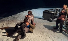 Intense outdoor threesome with two busty French beauties